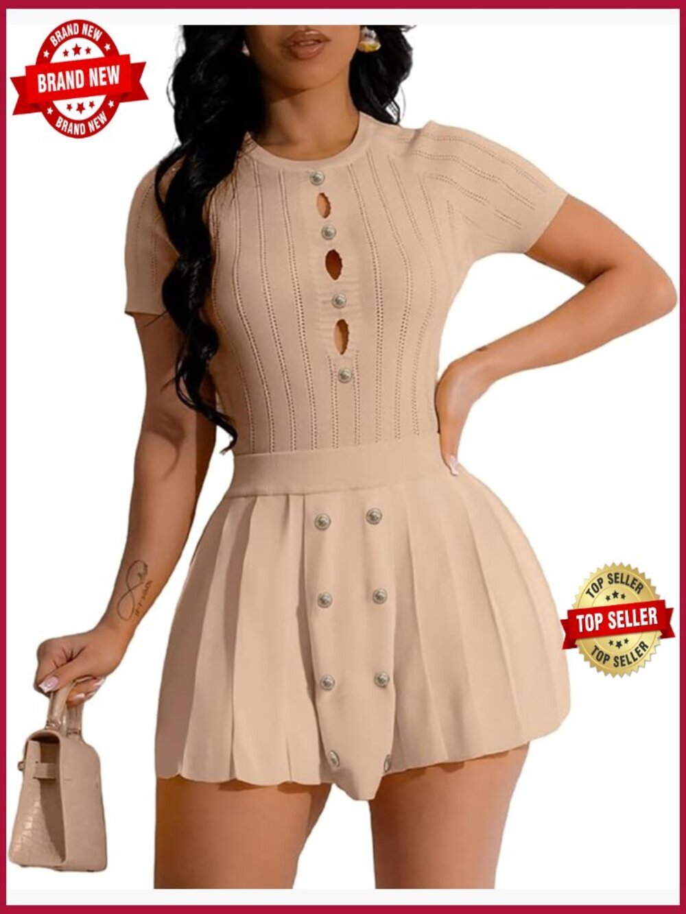 Knit Crop Top Pleated Mini Skirt Set Summer Going Out Outfits Short Sleeve